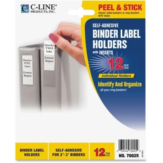 C-Line Self-Adhesive Ring Binder Label Holders Top Load 1-3/4 x 3-1/4 Clear 12/Pack 70025 image {1}
