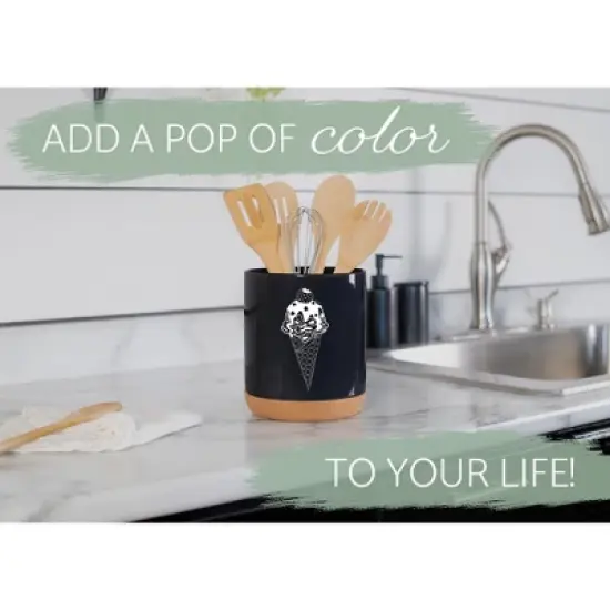 Elanze Designs 8 inch Ice Cream Waffle Cone Large Ceramic Kitchen Utensil Holder Black and White Crock with Cork Base image {4}
