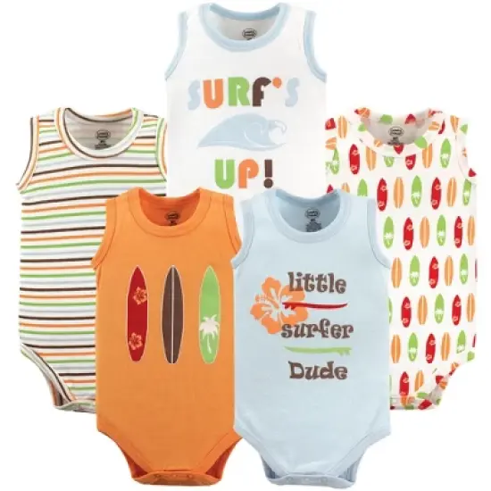Luvable Friends Baby Boy Cotton Sleeveless Bodysuits 5pk, Surfer image {1}