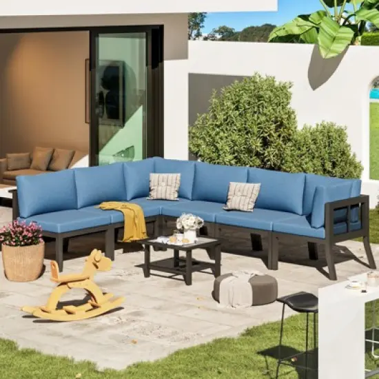 Cesicia 7-Piece Gray Patio Sofa Set with Coffee Table for Backyard, Porch & Poolside image {2}