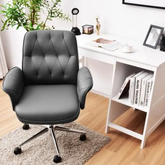 Costway Modern Home Office Leisure Chair PU Leather Adjustable Swivel w/ Armrest image {3}