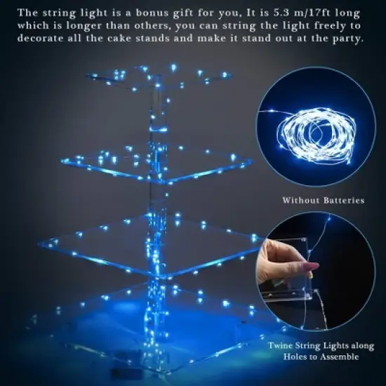 Hachikiko 4 Tier Acrylic Cupcake Stand with Blue LED Light String - Large Cupcake Tower for Weddings, Birthdays, Afternoon Tea，Pastry Display Holder image {4}