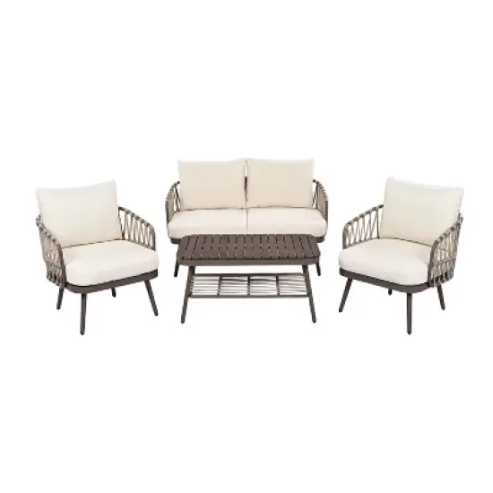 4-Piece Outdoor Patio Conversation Set Metal Frame Chairs with Woven Rope Backrest, Thick Cushions & Acacia Wood Coffee Table - ModernLuxe image {3}
