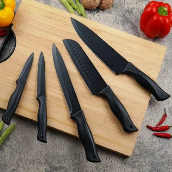 Itopfox 15-Piece Kitchen Knife Set with Block, Self-Sharpening, Dishwasher Safe, Anti-Slip Handle, Black image {5}