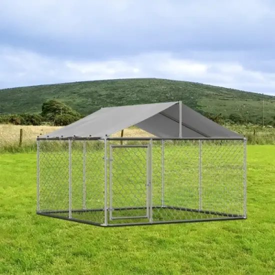 Outside Dog Kennel with Roof, Galvanized Steel Pet Enclosure Chain Link Dog House (90"D x 90"W x 65"H) image {5}