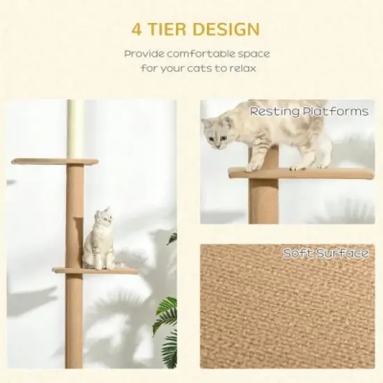 Resenkos Floor-to-Ceiling Cat Tree Cat Climbing Tower with Sisal-Covered Scratching Posts Natural Cat Tree Activity Center, Light brown image {2}