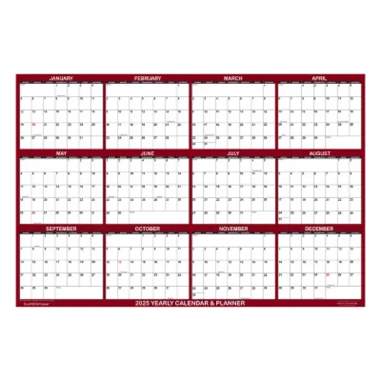 SwiftGlimpse 24"x36" Calendar Planner January 2025 to December 2025 Maroon: Wall Calendar, Lay-Flat, Laminated, Grommets image {1}