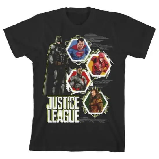 Justice League Movie Batman and Hexagon Superhero Panels Black T-shirt Toddler Boy to Youth Boy image {6}