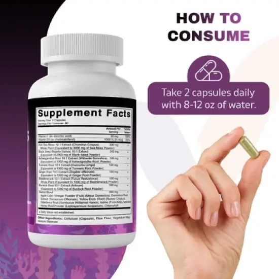 Sea Moss 3000mg with Black Seed Oil, Ashwagandha, Turmeric, Bladderwrack, Burdock - 180 Veg Capsules image {3}