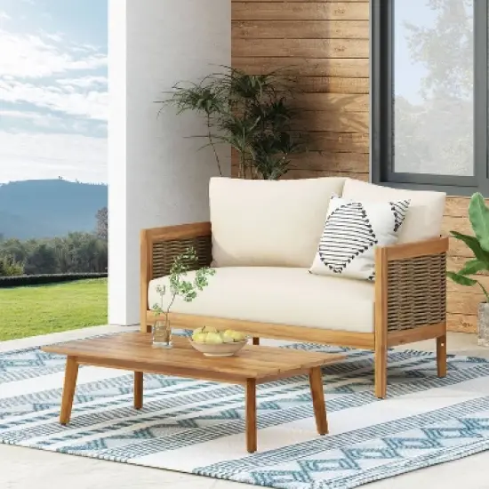 Christopher Knight Home 2pc Burchett Acacia Wood and Rattan Outdoor Loveseat and Coffee Table Set with Cushions image {1}