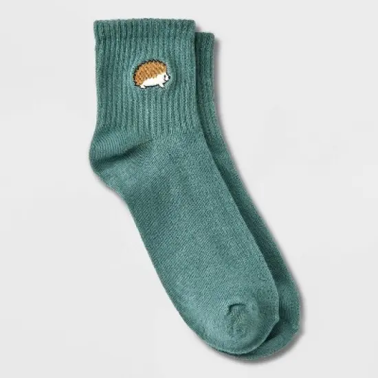 Women's Embroidered Hedgehog Ribbed Ankle Socks - Green 4-10: Lightweight, Recycled Polyester, Banded Cuff, Machine Washable image {3}