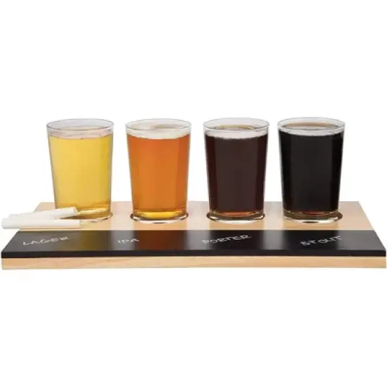 Beer Tasting Flight Sampler Board - Includes Four 6oz Pilsner Craft Brew Glasses & Wooden Paddle w Chalkboard - Great for Game Night & Taste Testing image {2}