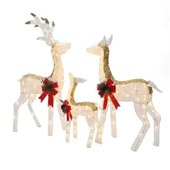 LuxenHome Lighted White & Gold Glitter Deer Family Set, Indoor/Outdoor Christmas Decoration White, Gold, Red, Green image {7}