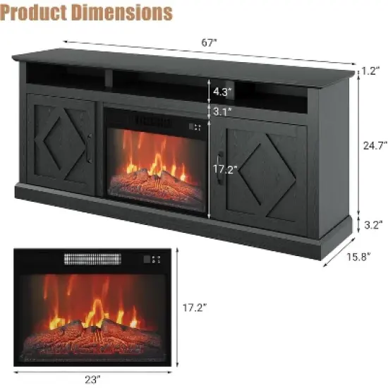 Acekool 67" Fireplace TV Stand - Built-in 23" Heater with Adjustable LED Flames, Glass Doors & Remote for Living Room image {6}