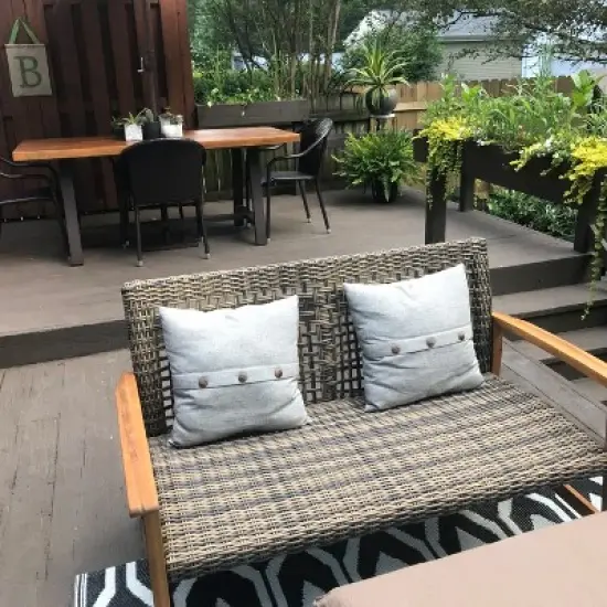 GDFStudio Jean Outdoor Acacia Wood and Wicker Loveseat image {3}