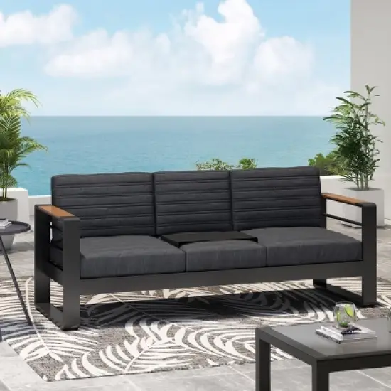 Christopher Knight Home Outdoor Aluminum 3 Seater Sofa with Water Resistant Cushions, Black Natural/Dark Gray image {8}