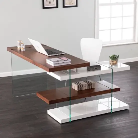 Toppington L-Shaped Desk with Storage Walnut/White - Aiden Lane image {2}