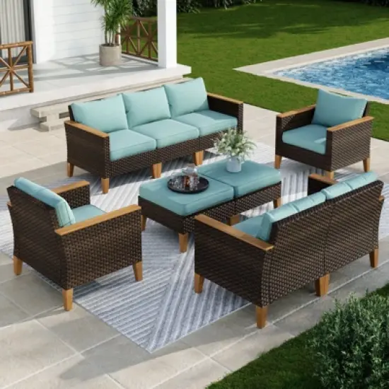 Captiva Designs 9pc Wicker Outdoor Patio Rattan Sectional Conversation Set with Cushioned Ottoman image {12}