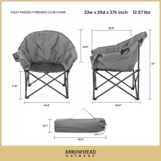 Arrowhead Outdoor Oversized Heavy-Duty Club Folding Camping Chair w/External Pocket, Cup Holder, Portable, Padded, Moon, Round, Bag (Granite Grey) image {4}