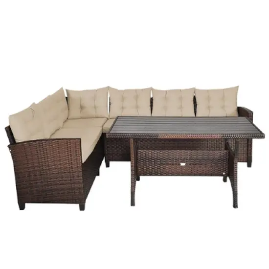 Costway 3PCS Rattan Dining Set Patio Furniture 6 Seats Sofa Cushioned image {9}