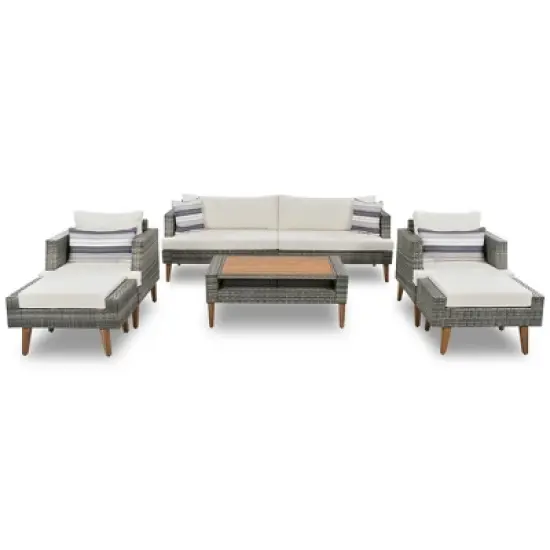 FIONECA 6-Piece All-Weather PE Wicker Outdoor Sofa Set with Double Cushions, Wood Legs & Tabletop, Beige and Gray Rattan Patio Furniture image {10}