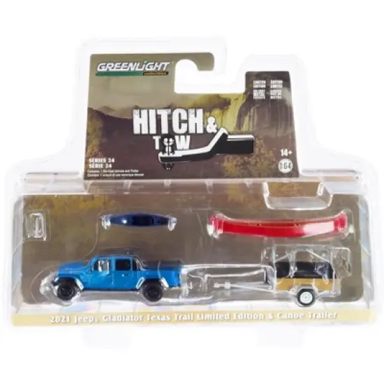 2021 Jeep Gladiator Texas Trail Pickup Hydro Blue Pearl w/Canoe Trailer, Rack & Kayak 1/64 Diecast Model Car by Greenlight image {2}