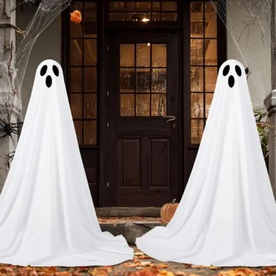 Joyfy 2 Pack 47'' Halloween Standing Ghost Outdoor Decoration,  White Ghost with Warm String Light Haunted House Prop for Garden Yard Porch Lawn Decor image {6}