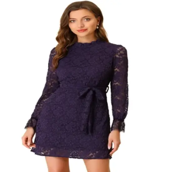 Allegra K Women's Ruffle Crew Neck Formal Elegant Mini Floral Lace Dress image {21}