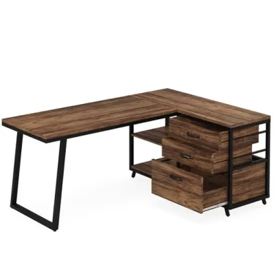 Resenkos Computer Desk, Gaming Desk,53" Reversible L-Shaped Computer Desk With 3 Drawers & Shelves,Rustic image {2}