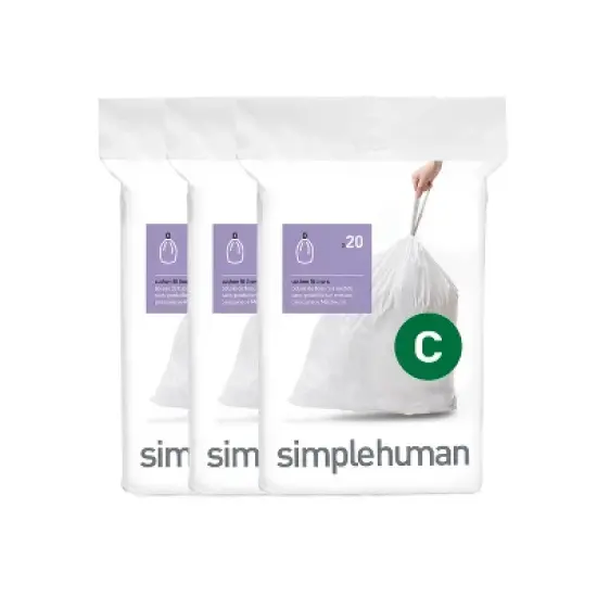 simplehuman 10-12L Code C Custom Fit Bathroom Trash Bag Liners 3 Quick-Dispense Packs - 60ct: Plastic, Drawstring, 12L Capacity image {4}