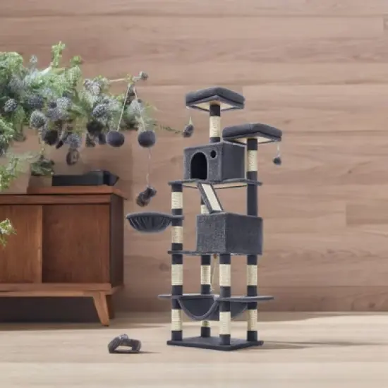 81.1 Inch Large Cat Tree Tower  with 13 Scratching Posts, 2 Perches, 2 Caves, Basket, Hammock, Pompoms - Multi-Level Plush Cat Condo for Indoor Cats image {8}