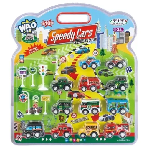 Link Ready! Set! Go! 12 Piece Pull Back And Go Toy Cars Comes With Educational Road Signs image {1}
