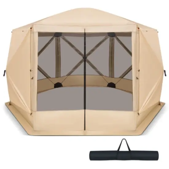 Costway 11.5 X 11.5 FT 6-Sided Pop-up Screen House Tent With 2 Wind Panels for Camping Coffee/Green image {10}