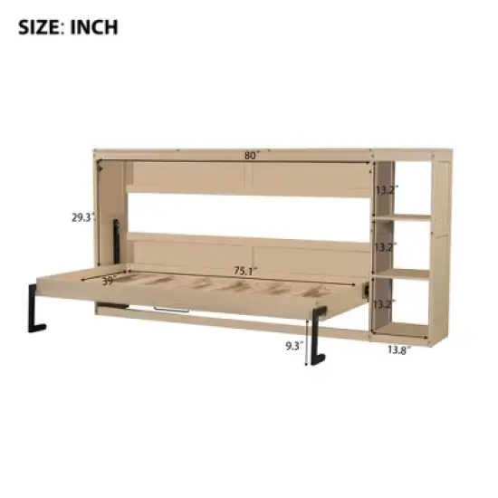 Twin/Full Size Murphy Bed Multifunctional Foldable Platform Bedframe with Bookshelf, Natural/White-ModernLuxe image {3}