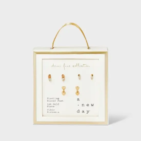 14K Gold Plated Cubic Zirconia Heart Stud Earring Set 3pc - A New Day&trade; Gold image {2}