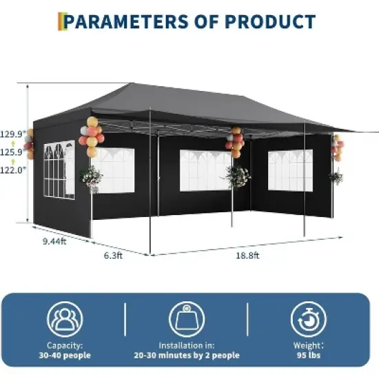10x20 Pop Up Canopy Tent, Commercial Heavy Duty Canopy Tents with Roller Bag, Tents with 6 Removable Sidewalls, Upgraded Thickened Legs, 6 Sand Bags image {5}