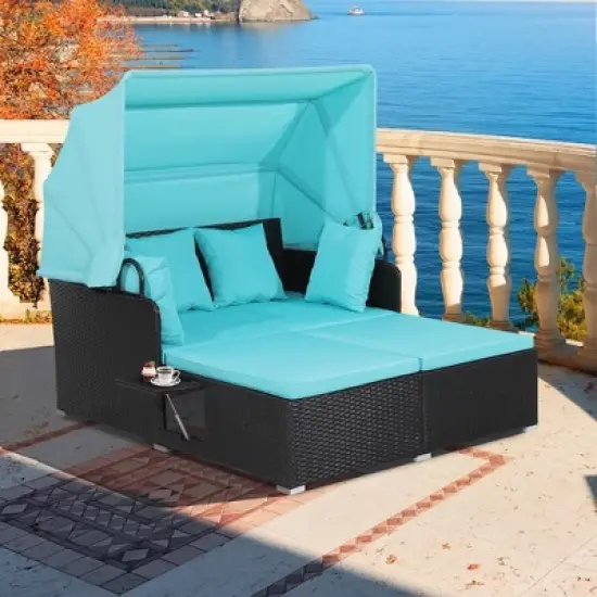 Tangkula Patio Hand-Woven PE Wicker Daybed Outdoor Loveseat Sofa Set w/ Turquoise Cushions image {2}