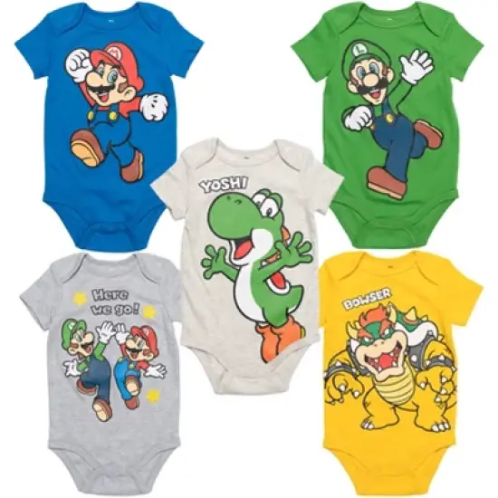 SUPER MARIO Nintendo Mario Yoshi Donkey Kong Toad Bowser Lugi  
 Newborn Baby Boys 5 Pack Short Sleeve Bodysuits image {9}