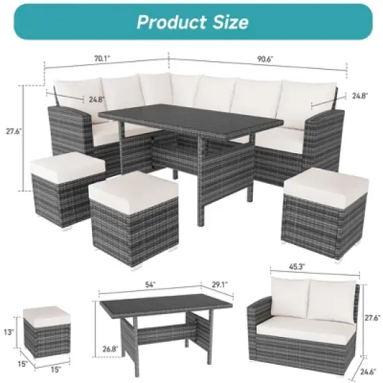 Whizmax 7-Piece Outdoor Sectional Sofa Set with Rattan Dining Table & Ottoman, Patio Furniture for Garden, Backyard image {1}