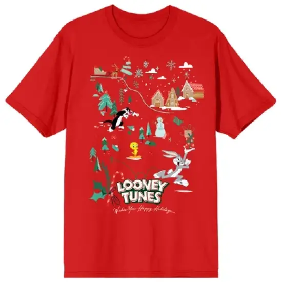 Looney Tunes Winter Land Scene Women's Red Graphic Tee image {8}