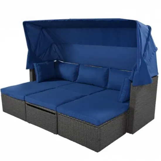 Outdoor Patio Rectangle Daybed with Retractable Canopy, Wicker Furniture Sectional Seating with Washable Cushions, Backyard, Porch image {6}