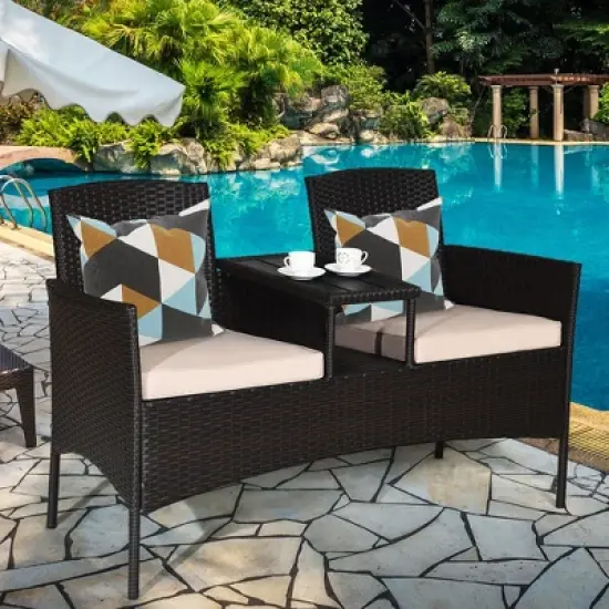 Costway Patented Patio Rattan Conversation Set Loveseat Sofa Cushioned Coffee Table Mix Brown image {4}