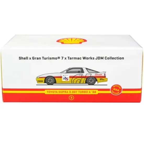 1988 Toyota Supra 3.0GT Turbo A RHD White & Yellow w/Red Stripes "Shell x Gran Turismo 7" 1/64 Diecast Model Car by Tarmac Works image {1}