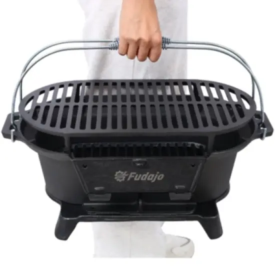SEVOBAL Outdoor Grills, Griddles and Smokers Oval Cast Iron Hibachi Grill, Portable Charcoal Grill for Outdoor Cooking, Black, 20.7"*13"*10.6" image {4}