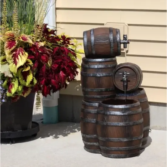 Sunnydaze 29"H Electric Polyresin Stacked Whiskey Barrel Outdoor Water Fountain with LED Lights image {5}