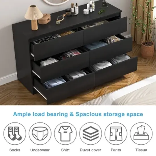 Resenkos 55" Storage Dressers Organizer for Bedroom, Wood 6 Drawers Dresser Chests, Black image {8}