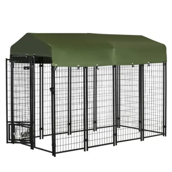 PawHut Outdoor Dog Kennel Lockable Pet Playpen Crate Welded Wire Steel Fence, with Water-, UV-Resistant Canopy, Rotating Bowl Holders Door, 8x4x6ft image {3}