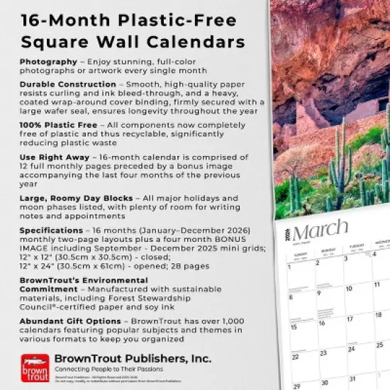 BrownTrout Arizona National Parks and Monuments 2026 12"x24" Hanging Square Wall Calendar Plastic-Free image {5}