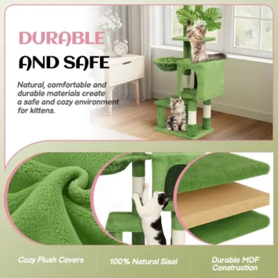 Karl Home 48 inch Green Cat Tree with Leaves Multi-level Cat Tower with Condo Hammock image {4}