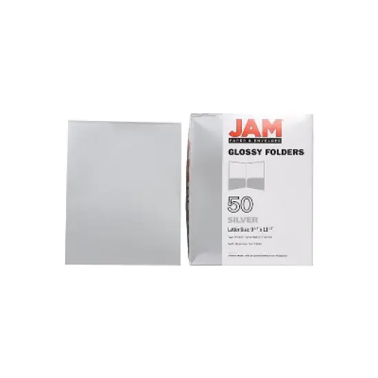 JAM Paper Laminated Two-Pocket Glossy Presentation Folders Silver Bulk 50/Box 385GSIC image {7}